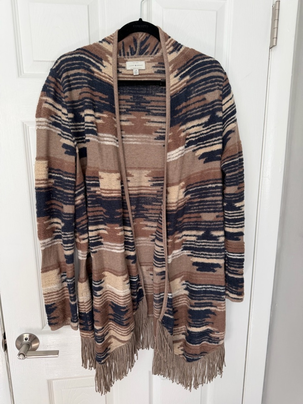 Lucky Brand Fringe Open-Front Cardigan Sweater - Brown Navy Cream